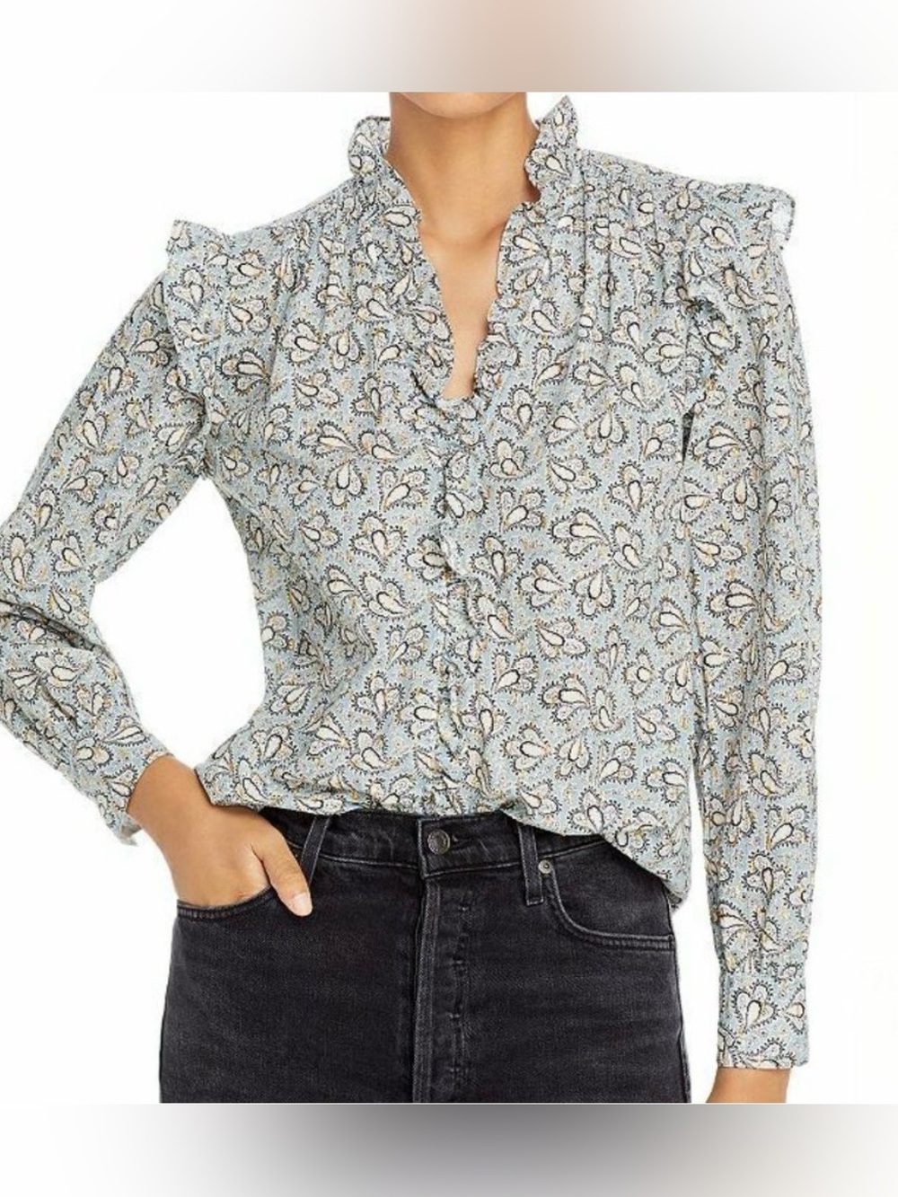 La Vie Rebecca Taylor Paisley Ruffle Metallic Long Sleeve Cotton Top Size M